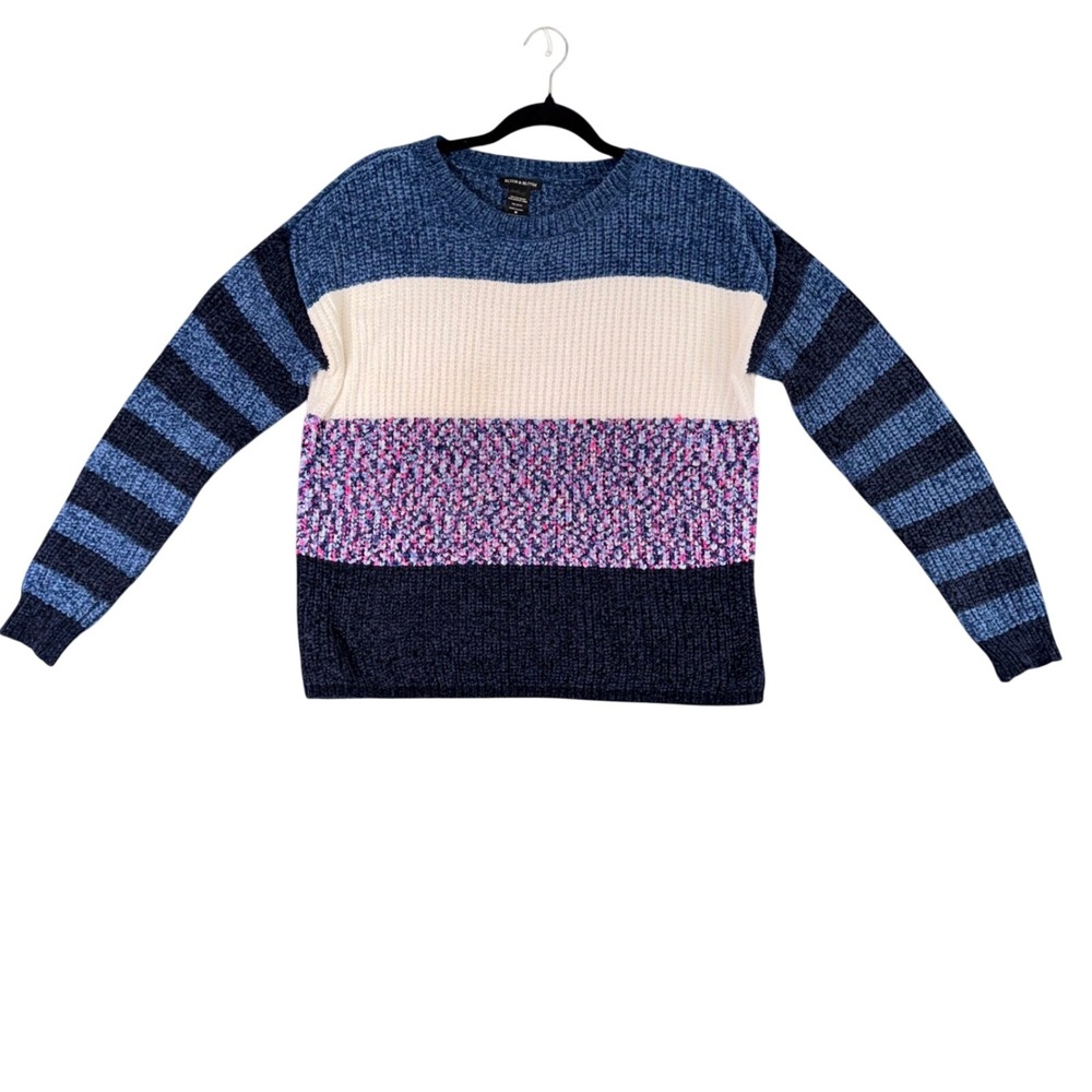 Blush & Bloom Womens M Colorblock Knit Sweater Blue Pink Cozy Preppy Cottage